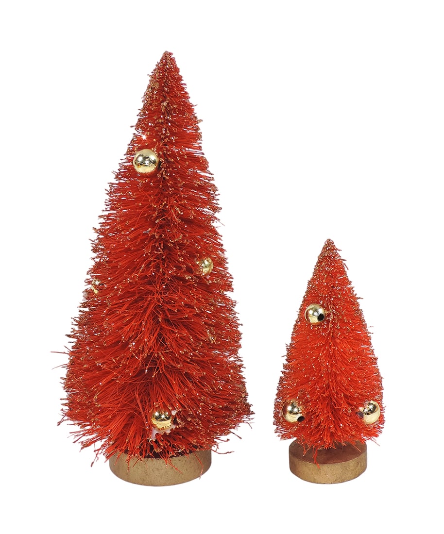 Christmas Bottle Brush Trees (2), dark orange w/gold glitter & plastic gold (1 of 2)