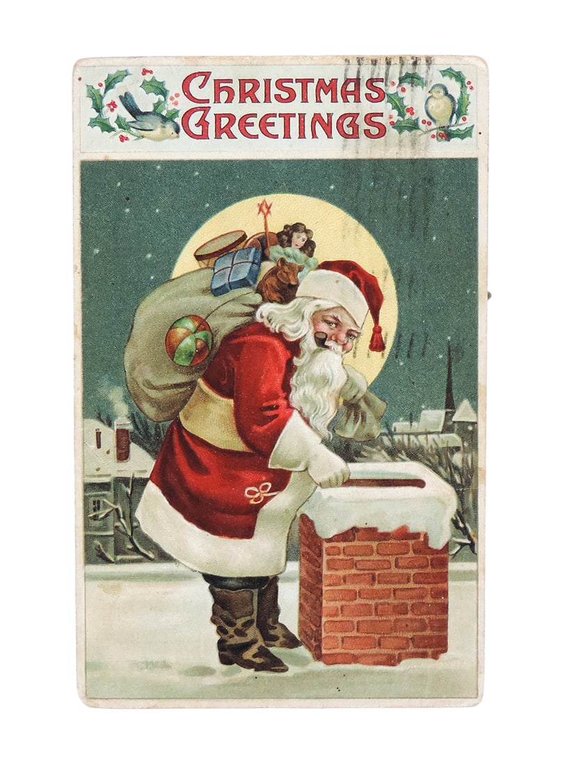 Christmas Postcard, Christmas Greetings, Santa at Chimney w/bag of toys, B. (1 of 2)