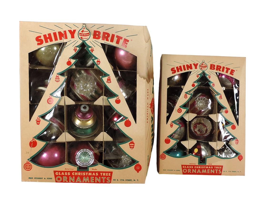 Christmas Tree Ornaments (24), 19 are marked SHINY BRITE, 5 are possibly Ge: Christmas Tree Ornaments (24), 19 are marked SHINY BRITE, 5 are possibly German, Japan or USA-markings unclear, larger box-1 Dozen SHINY BRITE Glass Christmas Tree Ornaments, made by Max Eckardt & Son