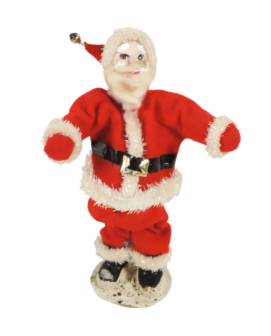 Christmas, Santa figure, c.1930-1940s, paper mache w/wool suit, made in Jap: Christmas, Santa figure, c.1930-1940s, paper mache w/wool suit, made in Japan, Good cond w/loss on face & wear, 8"H.