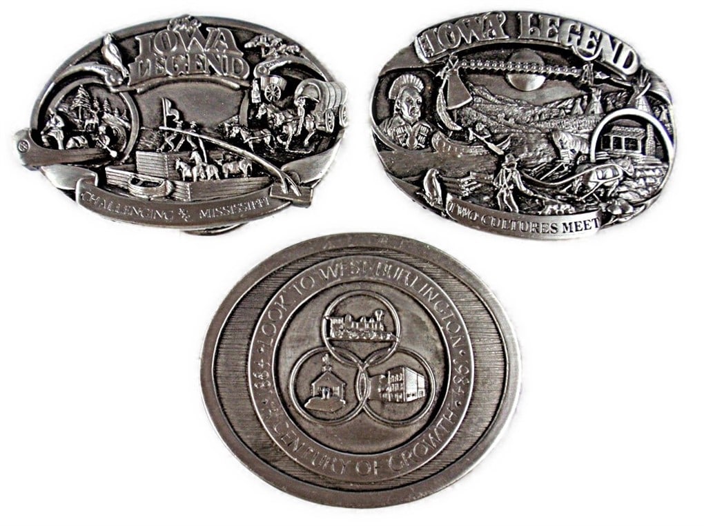 Belt Buckles. 3 pcs. 1 - 1894 Look To West Burlington 1984 A Century of Gro: Belt Buckles. 3 pcs. 1 - 1894 Look To West Burlington 1984 A Century of Growth # 27, 1 Iowa Legend "Challenging Mississippi" # 466. 1 Iowa Legend "Two Cultures Meet" # 466. 1 Iowa Legend "Challenging 