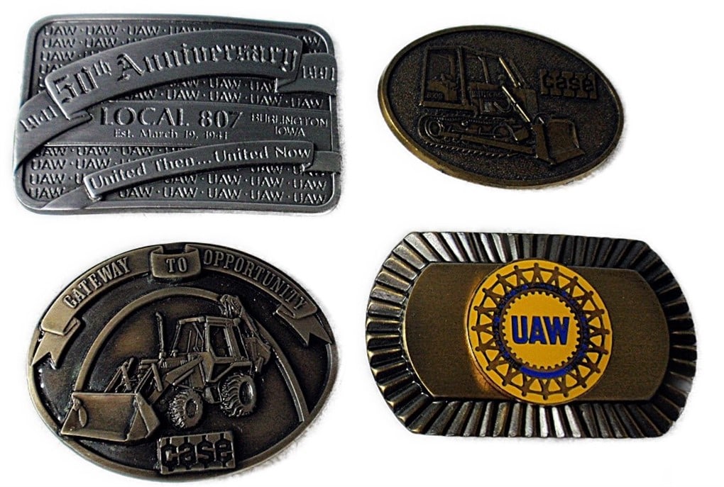 Case Belt Buckles. 4 pcs. 1 50th Anniversary UAW Local 807 " United Then -: Case Belt Buckles. 4 pcs. 1 50th Anniversary UAW Local 807 " United Then - United Now, 1941 - 1991 # 546, 1 Gateway to Opportunity "1987", 1 UAW, 1 Case 8508 Dozer. All in Good Cond.
