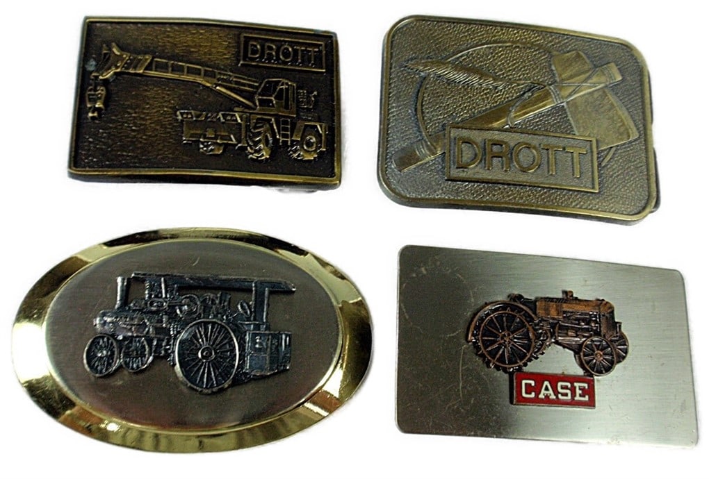 Case Belt Buckle. 4 pcs. 1 Drott Crane, 1 Steam Tractor, 1 Drott w/Hatchet, (1 of 2)