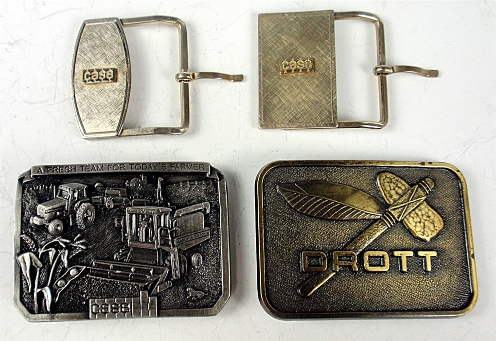 Case Belt Buckle. 4 pcs. 2 Open Loop, 1 A Fresh Team For Today's Farmer, 1: Case Belt Buckle. 4 pcs. 2 Open Loop, 1 A Fresh Team For Today's Farmer, 1 Drott w/Hatchet. All Good Cond.