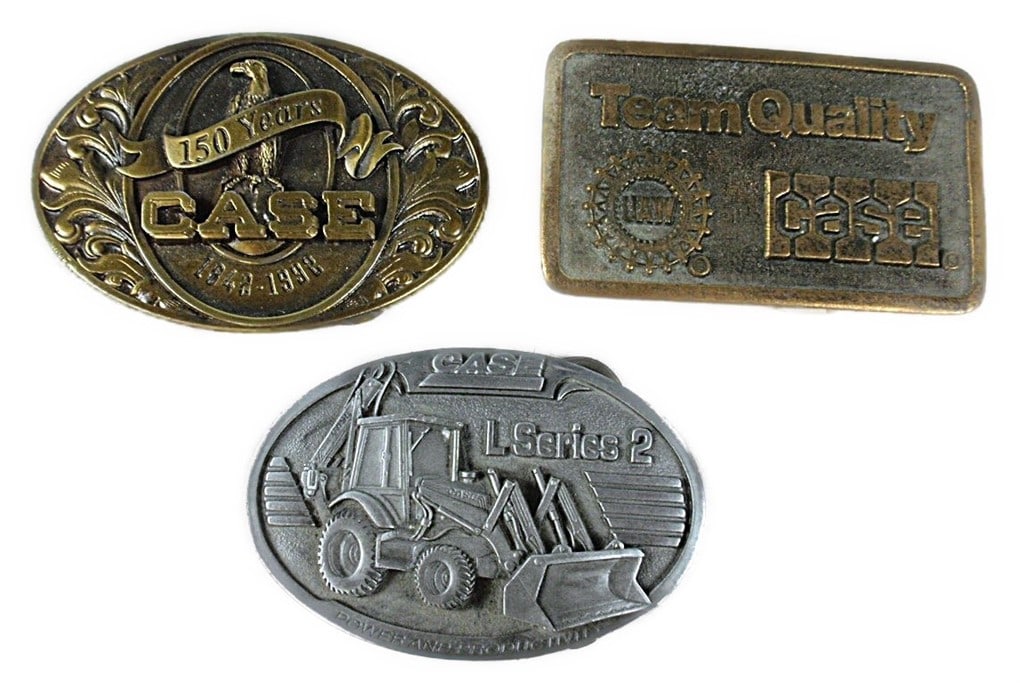Case Belt Buckles. 3 pcs. 1 Case L Series 2 Power And Performance (1999 Ser: Case Belt Buckles. 3 pcs. 1 Case L Series 2 Power And Performance (1999 Series), 1 150 Years Anniversary 1842 - 1992, # 1080, 1 Case Team Quality UAW. All Fair to Good Cond.