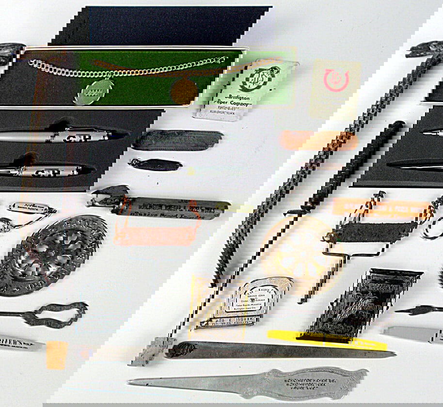 Burlington Iowa, Vintage Advertising Pieces. 10 plus. Leiter Opener, Ice Pi: Burlington Iowa, Vintage Advertising Pieces. 10 plus. Leiter Opener, Ice Pick, Note Holders, Case Necklace plus more. All in Good to EXE. Cond.