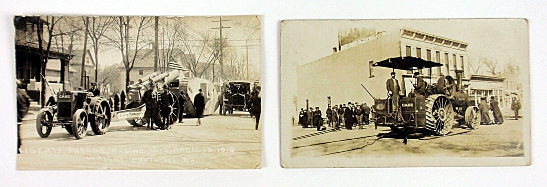 2 Real Photo Postcards of a Case tractor in 1918 Liberty Parred pulling a h (1 of 2)