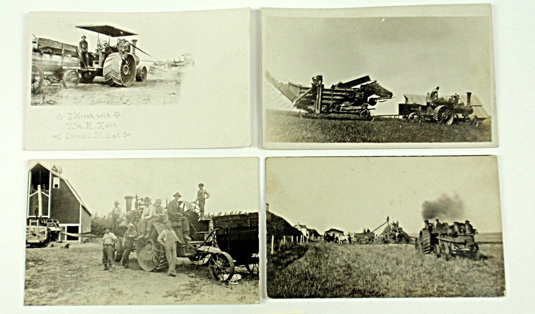 4 Real Photo Postcards, Steam tractor & threshing scenes incl an Advertisin: 4 Real Photo Postcards, Steam tractor & threshing scenes incl an Advertising for "William R. Kahn, Driscoll, N. Dak" VG or better, all but one postally unused.