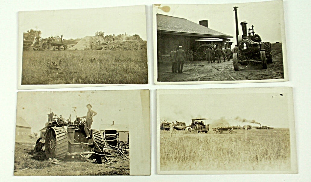 4 Real Photo Postcards, Steam tractor & threshing scenes incl a Case w/Eagl (1 of 2)
