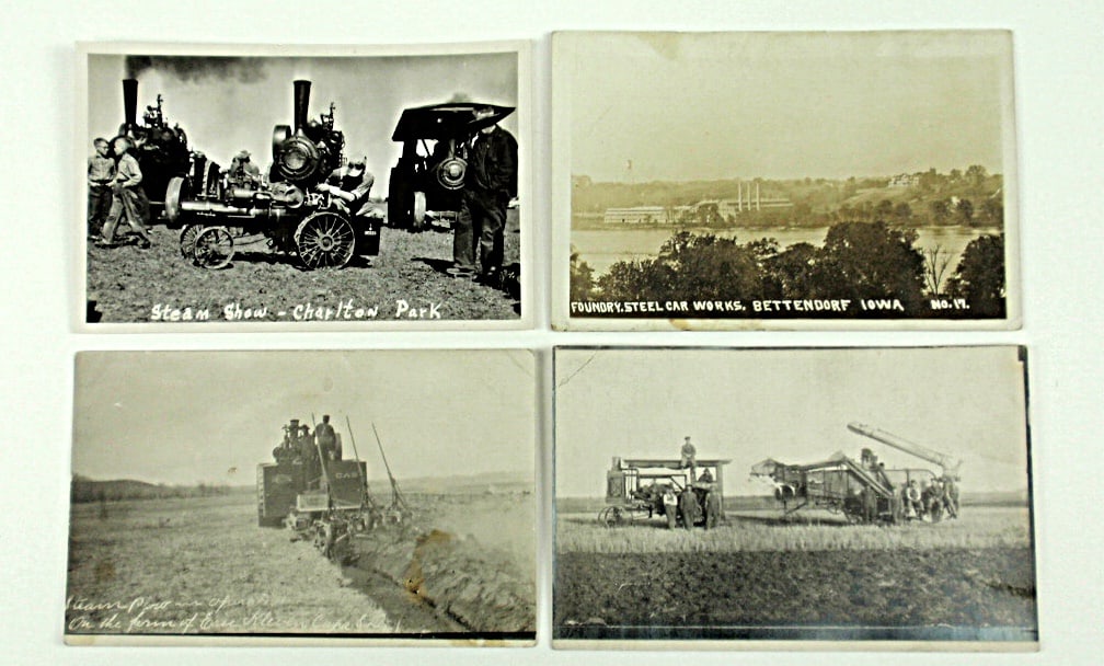 4 Real Photo Postcards, (3) Steam tractor & threshing scenes and a "Foundry (1 of 2)