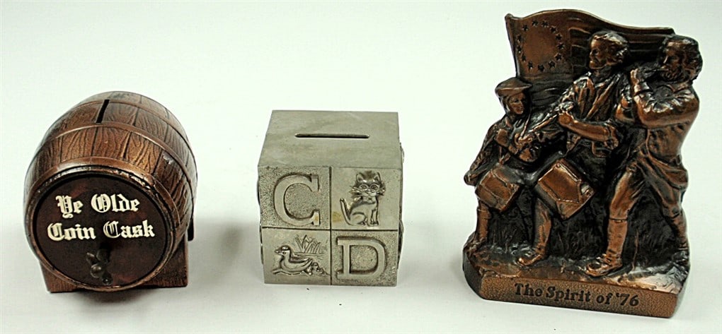 Coin Banks, (3) Ye Old Coin Flask Burlington IA. All Good Cond.: Coin Banks, (3) Ye Old Coin Flask Burlington IA. All Good Cond.