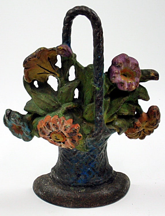 Door Stop, Cast Iron Flower Basket, 9 1/2 Inches Tall. Good Cond.: Door Stop, Cast Iron Flower Basket, 9 1/2 Inches Tall. Good Cond.