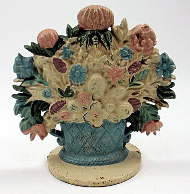 Door Stop, Cast Iron, Flowers in Vase Pink, Purple, Blue, Cream. 7Inches Ta (1 of 1)
