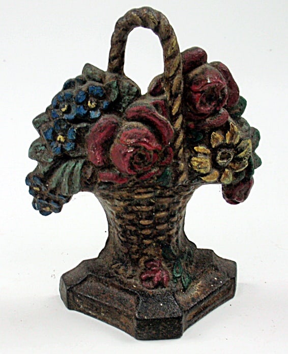 Door Stop, Cast Iron, Flowers in Basket. 5 1/2 Inches Tall. Good Cond.: Door Stop, Cast Iron, Flowers in Basket. 5 1/2 Inches Tall. Good Cond.