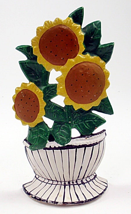 Door Stop, Cast Iron, Floral, Sunflowers in Pitcher, 9 1/2 inches Tall. VG (1 of 1)