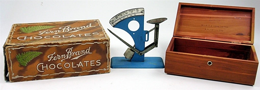 Collectible, (3 pcs), Fern Brand Chocolates Box (Fair Cond.), Egg Scale Kle (1 of 1)