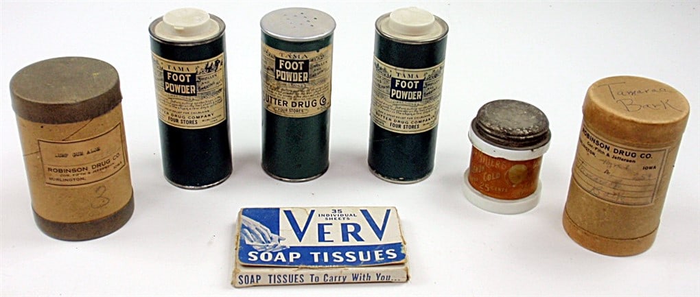6 Burlington, IA Drug Co. products, (3) Tama Foot Powder-Sutter Drug Co, (2: 6 Burlington, IA Drug Co. products, (3) Tama Foot Powder-Sutter Drug Co, (2) Robinson Drug Co. paper cannisters w/product, and a Dr Miller's milk glass Lemon Cold ointment jar w/paper label, together 