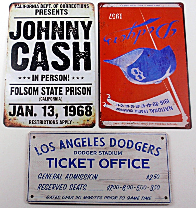 3 Nostalgic Signs for Dodgers in a wood & tin litho, and a tin Johnny Cash: 3 Nostalgic Signs for Dodgers in a wood & tin litho, and a tin Johnny Cash, Exec cond. One unopened, 8"x 12"