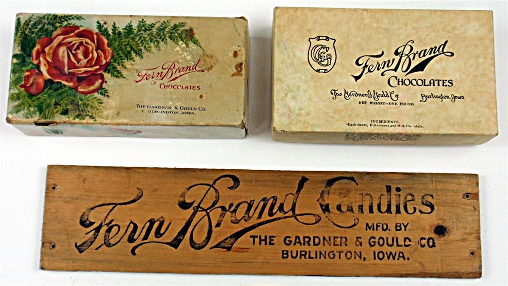 3 Pc Fern Brand Candies, Burlington, IA, two chocolate boxes and  a wood cr (1 of 1)