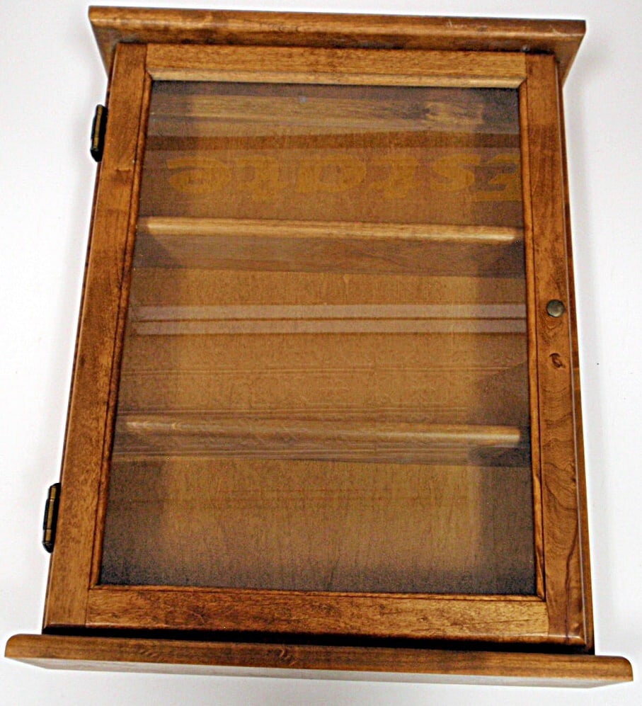 A Contemporary wood wall display chest w/glazed door panel & 3 shelfs in Ex: A Contemporary wood wall display chest w/glazed door panel & 3 shelfs in Exec cond. 23"H x 18"W.