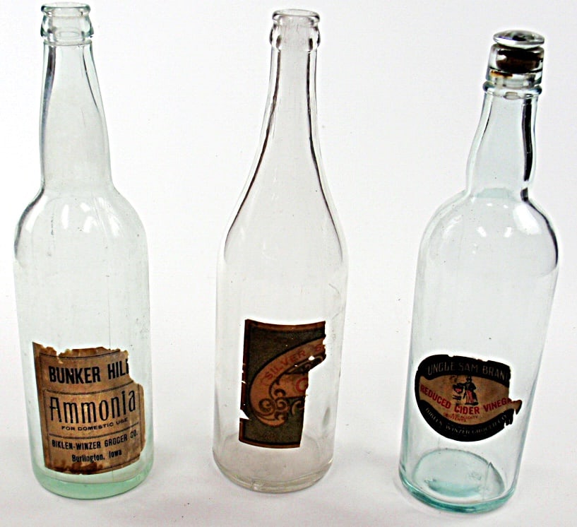 3 Burlington, IA Glass Bottles w/paper labels, incl Bunker Hill Ammonia & U (1 of 1)