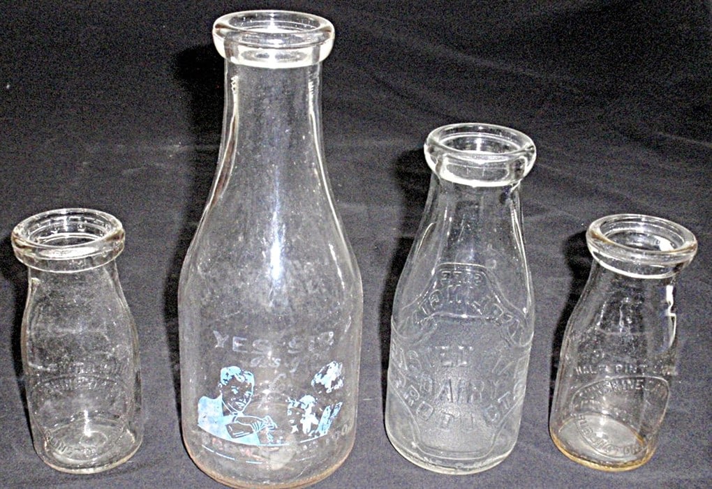 4 Glass Milk Bottles, Burlington Ia. "Burlington Sanitary Milk", (2) "Sunsh (1 of 1)