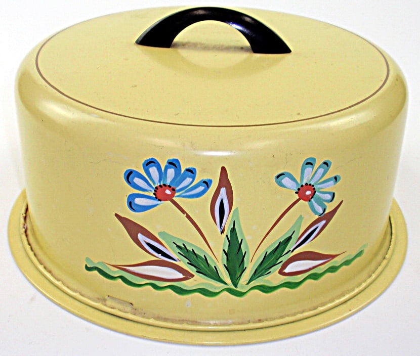 A Vintage Kitchenware cake carrier w/hand painted florals, Exec Cond, 12"Di: A Vintage Kitchenware cake carrier w/hand painted florals, Exec Cond, 12"Dia.