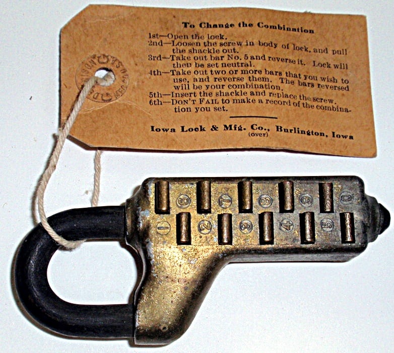 A Rare Burlington IA Padlock mfg. by Iowa Lock Co. VG working Cond w/paper: A Rare Burlington IA Padlock mfg. by Iowa Lock Co. VG working Cond w/paper tag, 3.5"L.