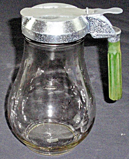 A large Glass Syrup or batter jug w/green Bakelite handle embossed Drip cut (1 of 1)