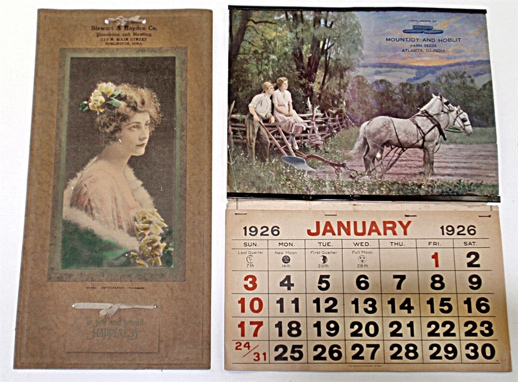 2 Advertising Pcs: Stewart & Hayden, Burlington, IA w/portrait of a young b: 2 Advertising Pcs: Stewart & Hayden, Burlington, IA w/portrait of a young beauty & a Mountjoy & Hoblit Seed Calendar for 1926, Exec & Fair Cond, largest 15"L.