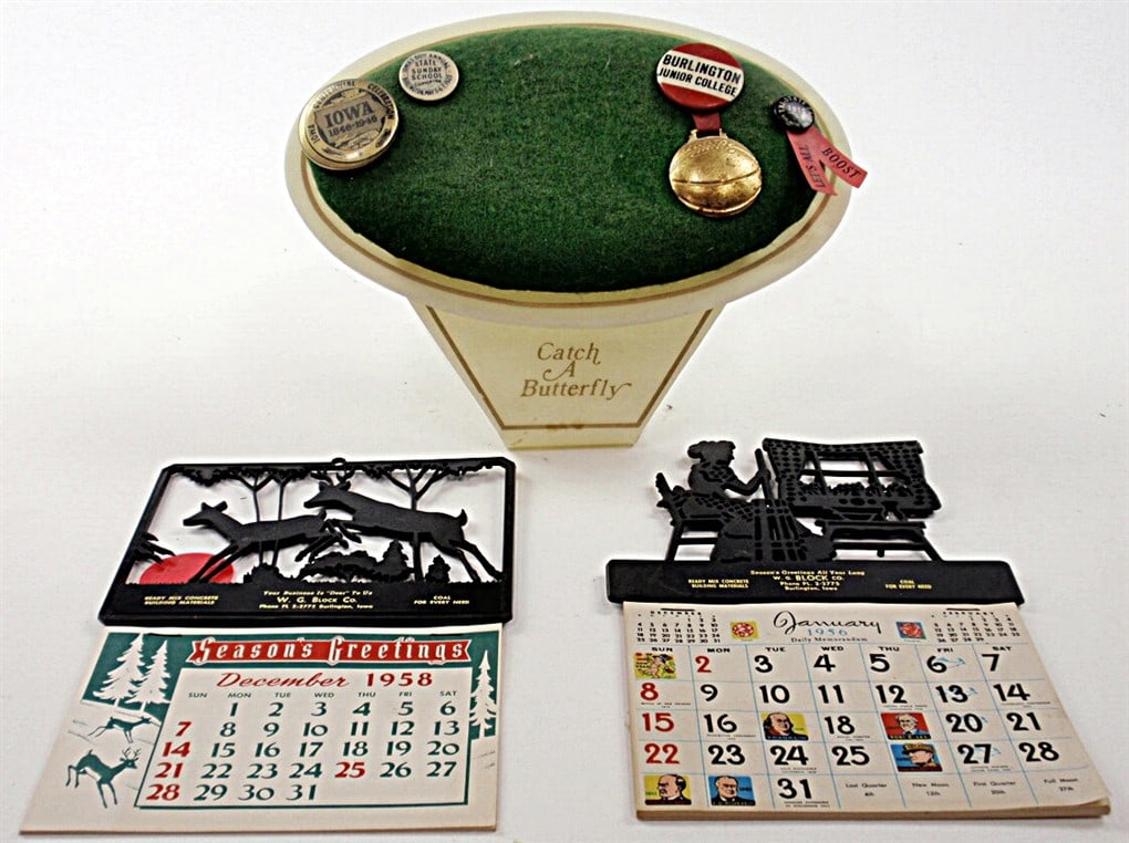 7 Pc Burlington, IA items incl pinbacks, display stand and two calendars w/ (1 of 1)