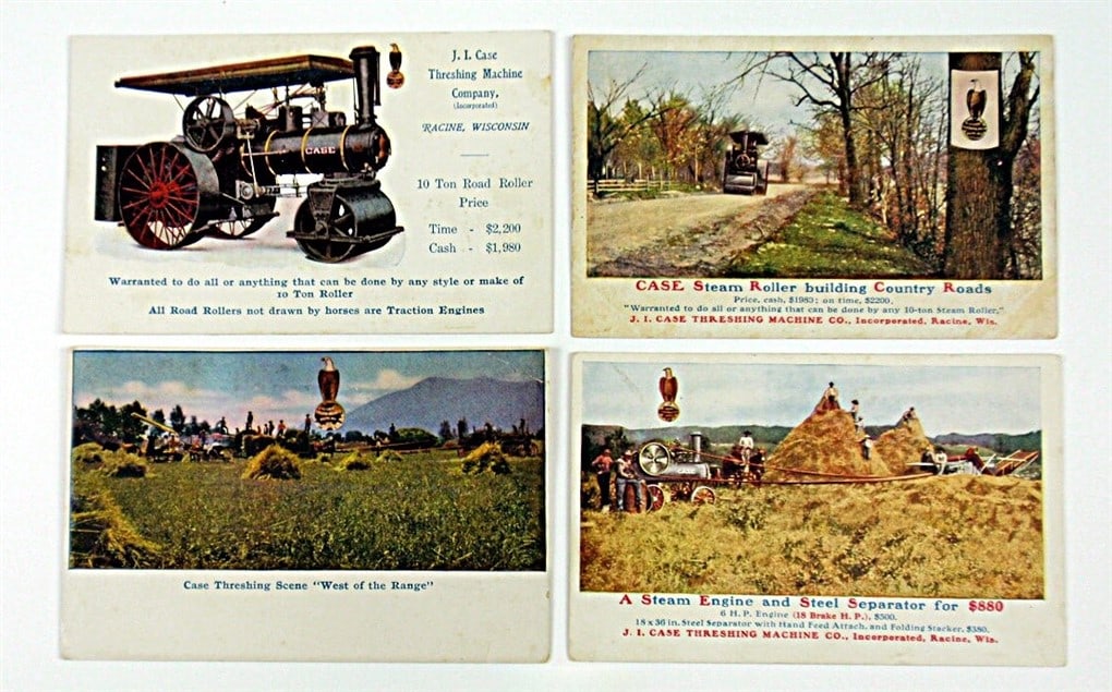 4 J.I. Case Threshing Machine Advertising Postcards, all steam tractor images c.1910, mostly VG or (1 of 2)