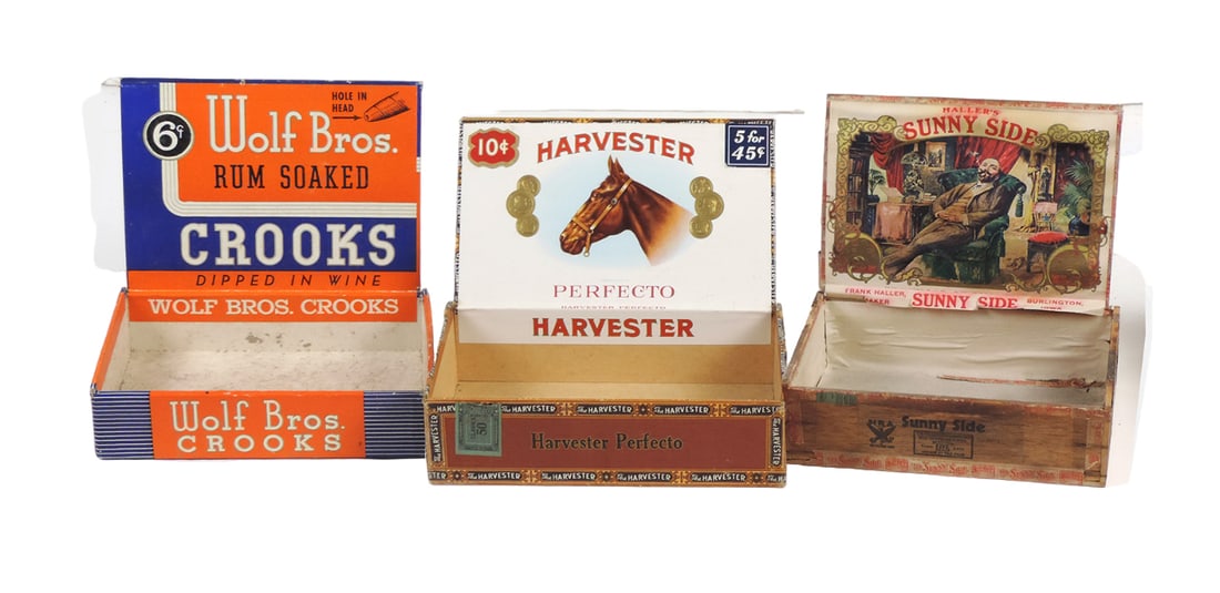 Vintage Cigar Boxes (3), Haller's Sunny Side, Frank Haller, Maker, Burlingt: Vintage Cigar Boxes (3), Haller's Sunny Side, Frank Haller, Maker, Burlington, Iowa, NRA Member-We Do Our Part, Factory No. 47, DIST State of Iowa-50, Wolf Bros., Rum Soaked Crooks, Dipped in Wine, Pe