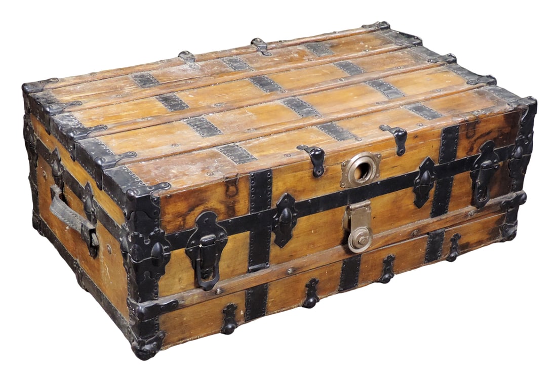 Burlington, IA flat top trunk, wood w/metal straps, embossed brass maker's (1 of 4)