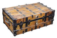 Burlington, IA flat top trunk, wood w/metal straps, embossed brass maker's