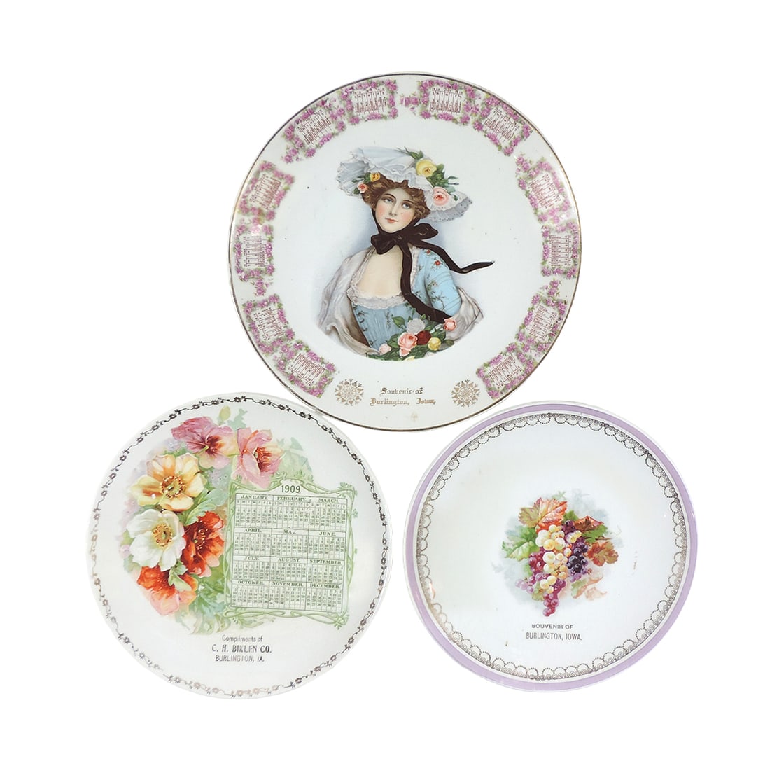 Burlington, Iowa Advertising Souvenir China (3) 1909 calendar, Compliments (1 of 2)