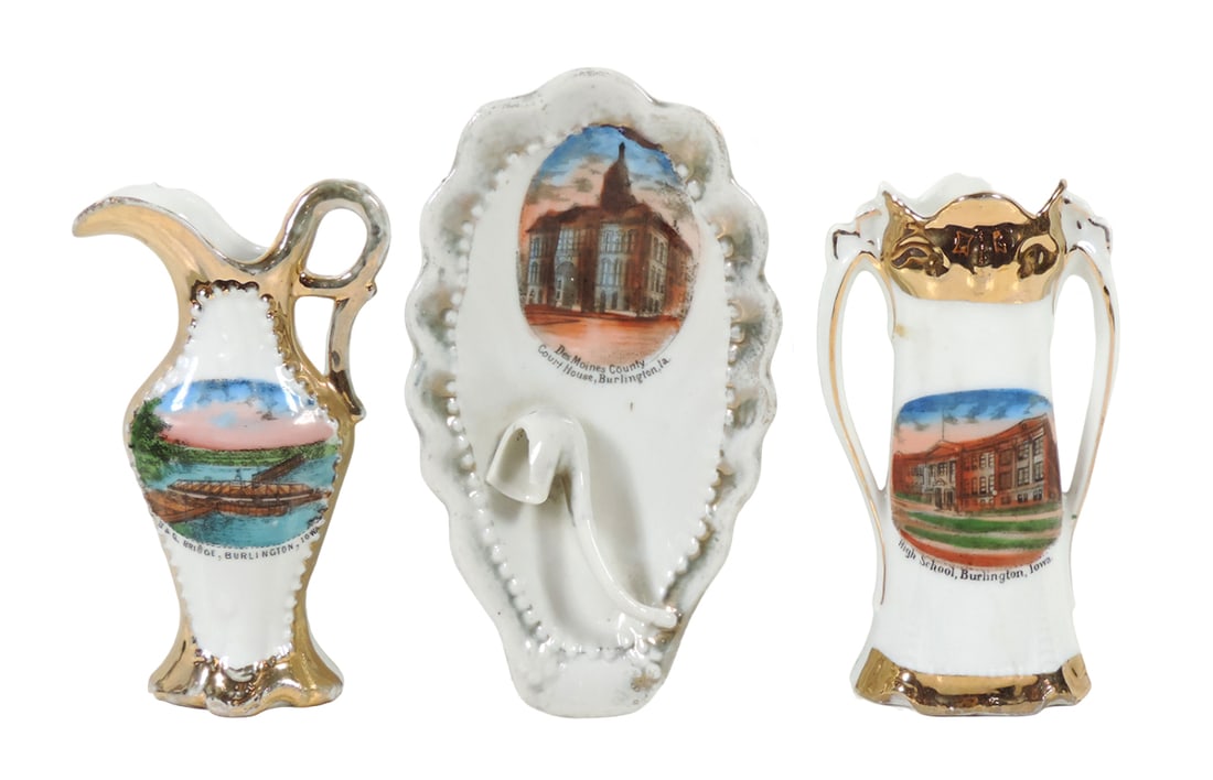 Burlington, Iowa Advertising Souvenir China (3), B & Q Bridge, marked MADE: Burlington, Iowa Advertising Souvenir China (3), B & Q Bridge, marked MADE IN GERMANY FOR C.H. Biklen, High School, marked MADE IN GERMANY, Des Moines County Court House, marked MADE IN GERMANY, porce