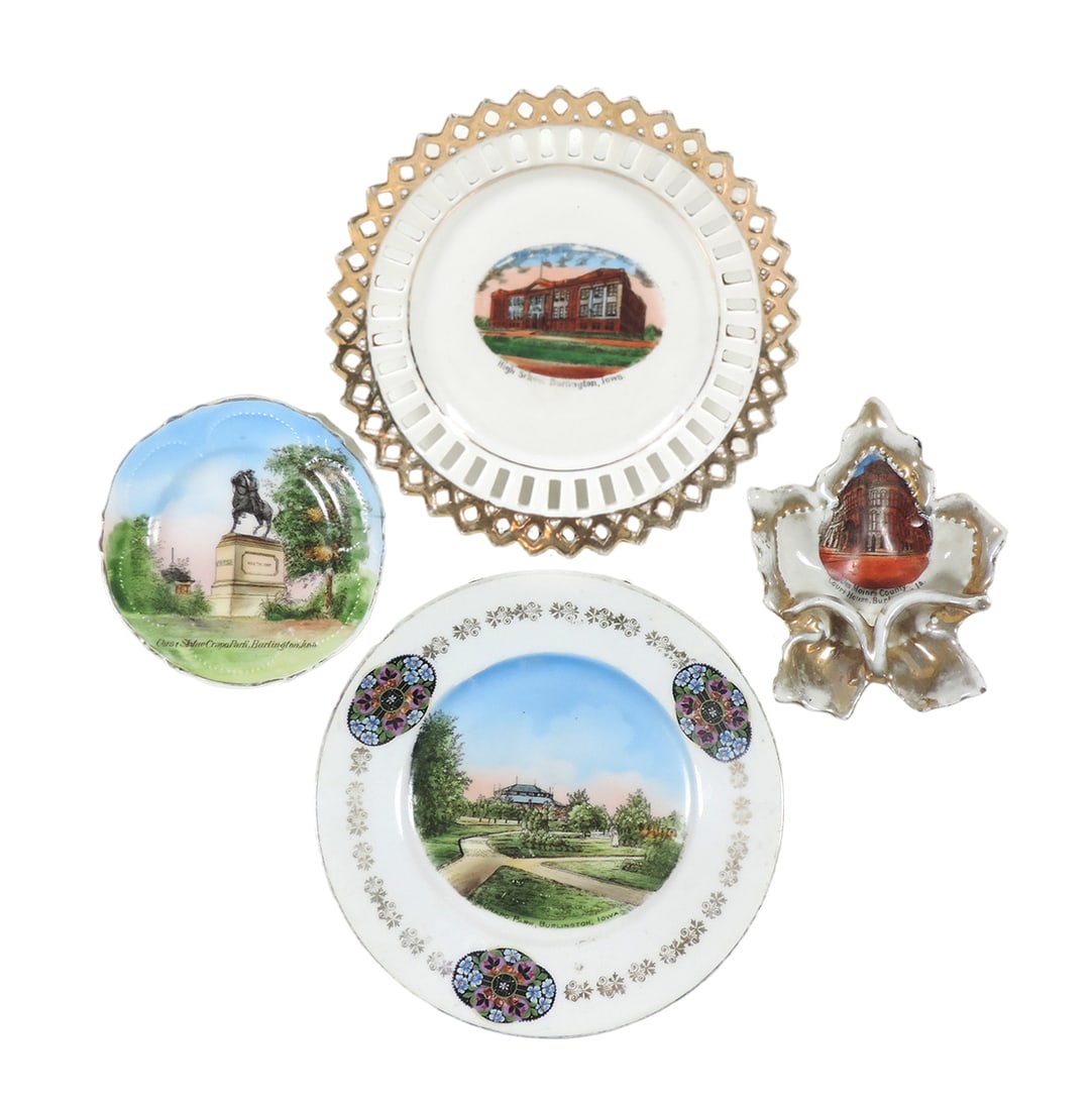Burlington, Iowa Advertising Souvenir China (4), High School, marked MADE I: Burlington, Iowa Advertising Souvenir China (4), High School, marked MADE IN GERMANY, Crapo Park, marked Painted and Imported for R.B. Sturgeon, Horse Statue Crapo Path, marked J.M.R. & Co., Made in G