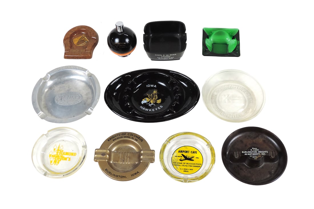 Burlington, Iowa Advertising Tavern Ash Trays/Lighters (12), KNIGHTS OF COL: Burlington, Iowa Advertising Tavern Ash Trays/Lighters (12), KNIGHTS OF COLUMBUS-Burlington Council, No. 568, This Ash Tray Taken From-THE IOWA TAVERN, SPITZMJUELLER'S TAVERN, AIRPORT CAFÃ‰