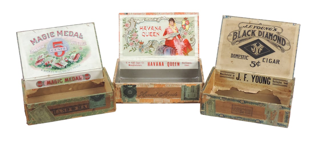 Burlington, Iowa Cigar Boxes (3), Cook Cigar Co., Fact. No. 238, 4th DIST.,: Burlington, Iowa Cigar Boxes (3), Cook Cigar Co., Fact. No. 238, 4th DIST., IOWA-50, J.F. Young, Maker, Factory No. 161, DIST.IA-50, Black Diamond & C.F. Call Cigar Co. Manufacturers, Havana Queen, Ha