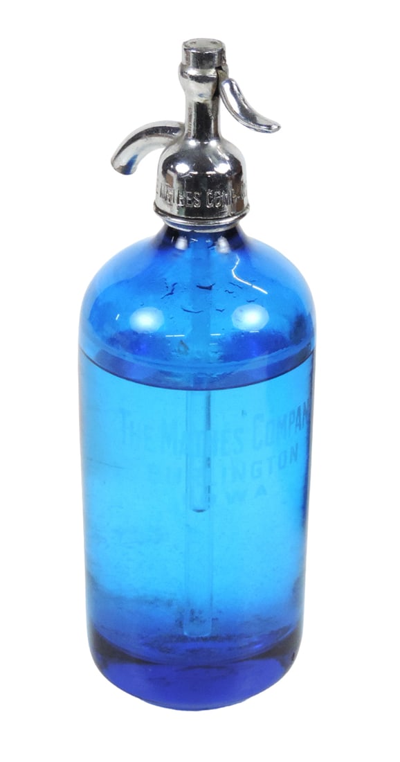 Burlington, Iowa Seltzer Bottle, Blue Glass, Etched-The Mathes Company, Bur (1 of 2)