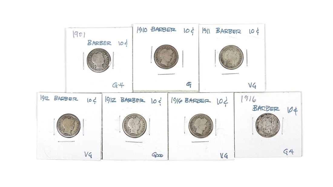 Coins (23), Dimes, Barber (7), 1901-1916, Liberty (16), 1918-1944, various (1 of 4)