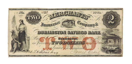 Burlington, Iowa $2. Bank Note, Extremely Rare Merchant's Insurance Co. & B