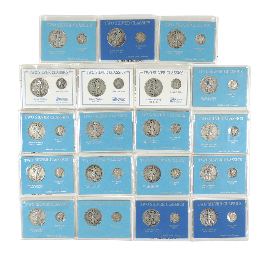 Coins, Walking Liberty Half Dollars (19), Mercury Dimes (19). All in Little (1 of 2)
