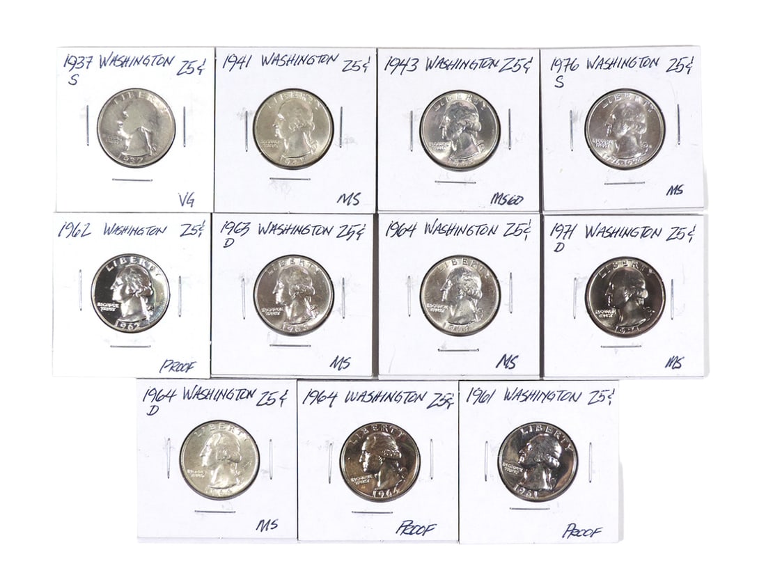 Coins, Washington Quarters (11), 1961, 1962 & 1964 proof cond, 1941,1943, 1 (1 of 2)