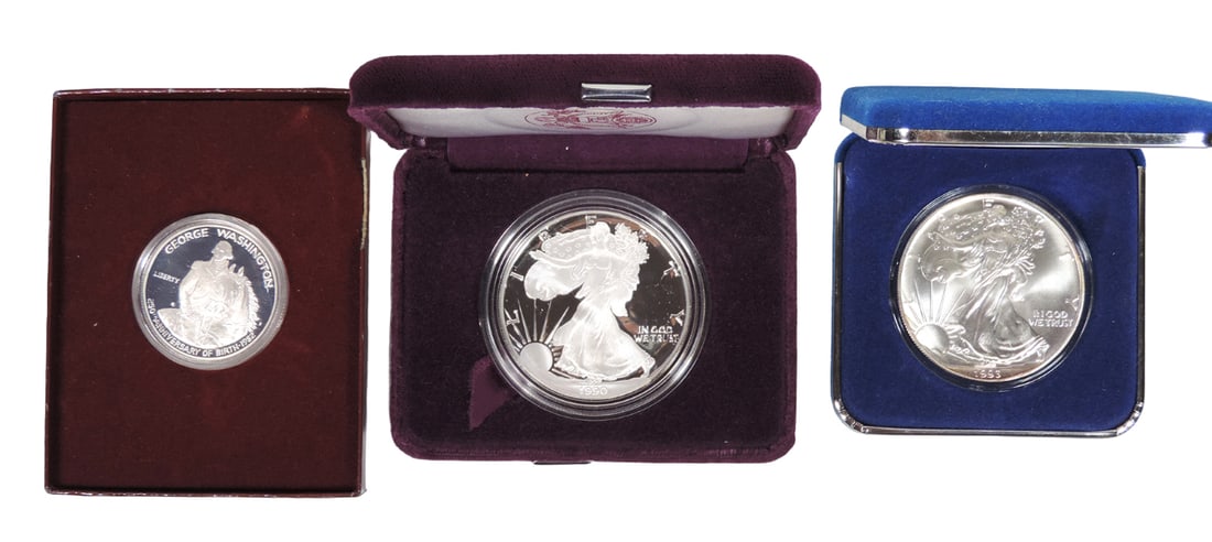 Coins, Proof Silver (3), American Eagle Silver Dollar, Liberty Walking (2), (1 of 3)