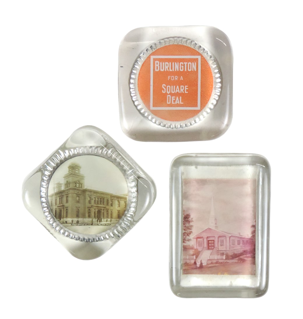 Burlington, Iowa Vintage Glass Paperweights (3), First Congregational Churc: Burlington, Iowa Vintage Glass Paperweights (3), First Congregational Church, 1846-1966, POST OFFICE BLDG. & Burlington for a Square Deal, Exc cond, up to .75"H x 4"W x 3"D