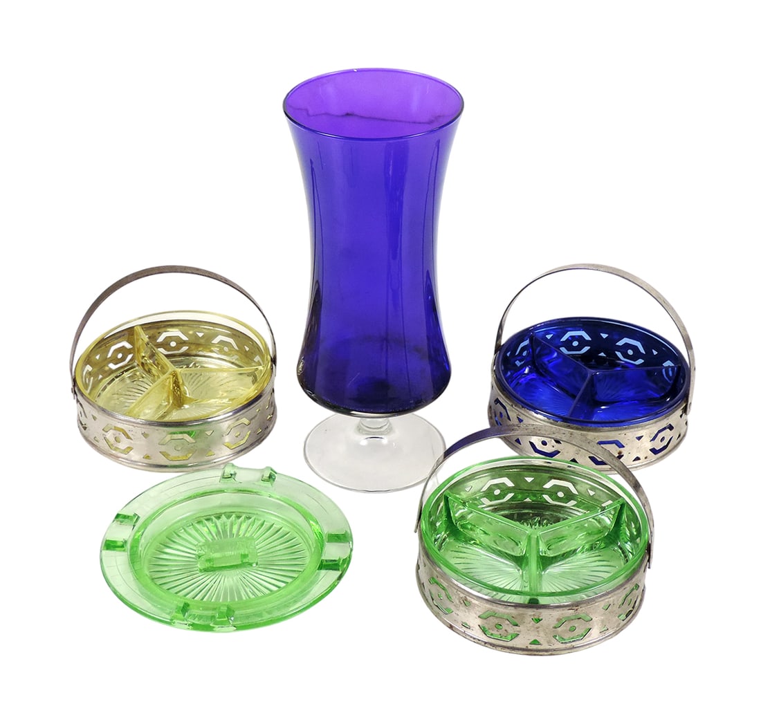 Depression Glass (5), Serving Dishes (3), 3 section glass w/sliver plated m (1 of 1)