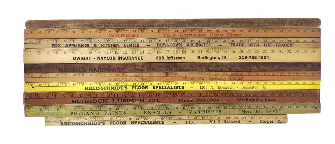 Vintage Advertising Yardsticks (10), RHEINSCHMIDT'S FLOOR SPECIALISTS (brok: Vintage Advertising Yardsticks (10), RHEINSCHMIDT'S FLOOR SPECIALISTS (broken at 29"), GOLDEN ANNIVERSARY YEAR-Phelan-Faust Paint Mfg. Co., St. Louis 11, Mo.-50 YEARS OF FINE PAINT MAKING 1902-1952, R