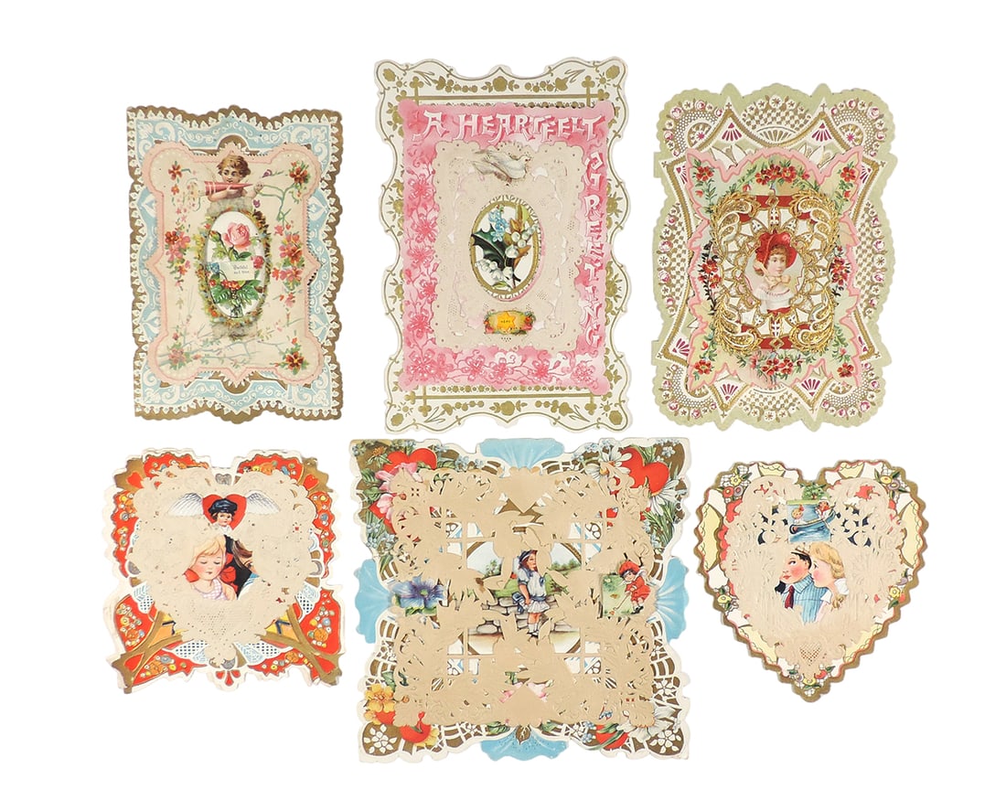 Victorian & Vintage Valentines (6), all w/layered paper lace covers, severa (1 of 2)